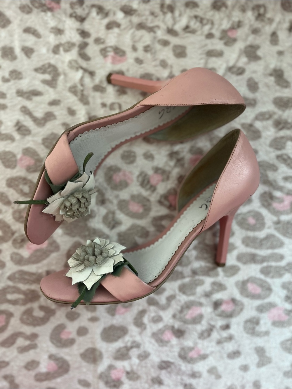 BCBGirls Pink Peep-Toe Heels with White Floral Appliques